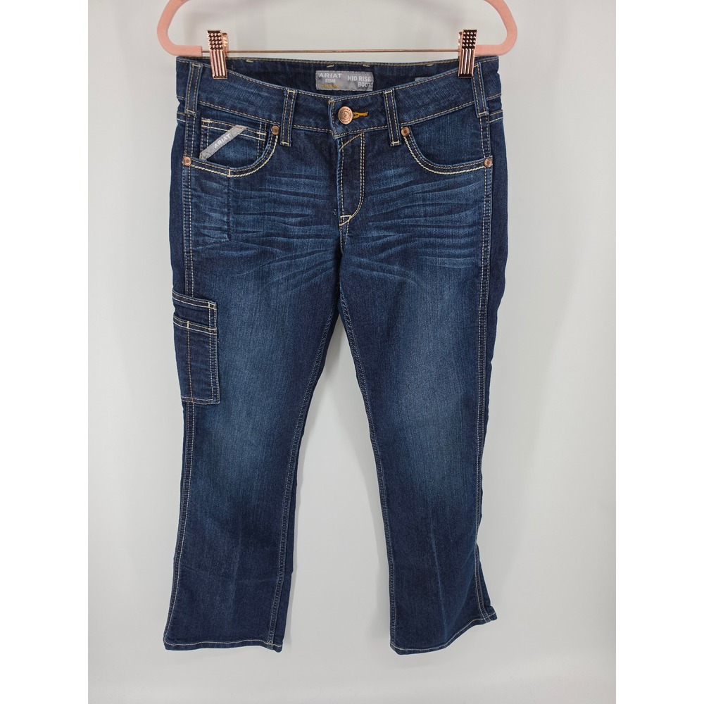 Ariat Rebar Mid Rise Boot Cut Jeans Women 28S Dark Wash Denim Utility Pocket